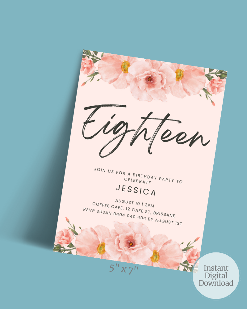 Birthday invitation featuring pink flowers, elegant script, and details for a celebration in Brisbane.