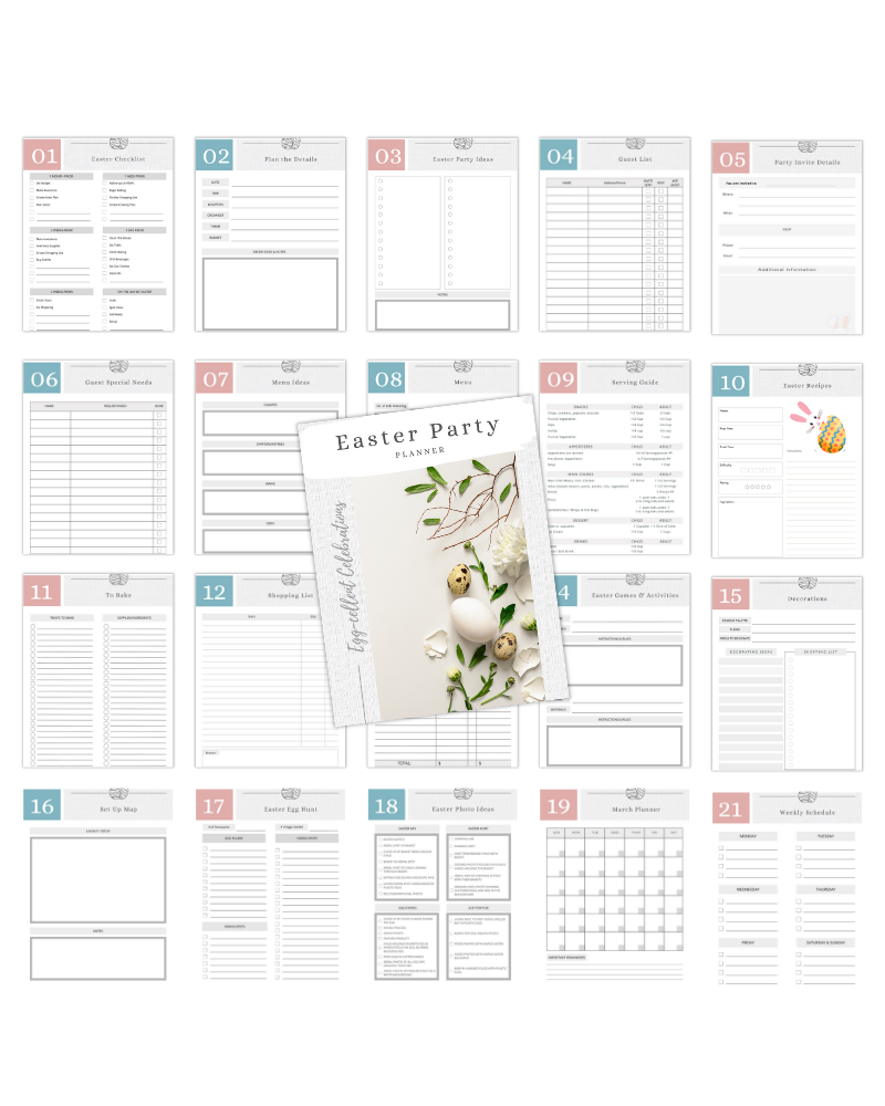 A planner layout featuring various sections for organizing an Easter celebration, with floral and egg decorations.