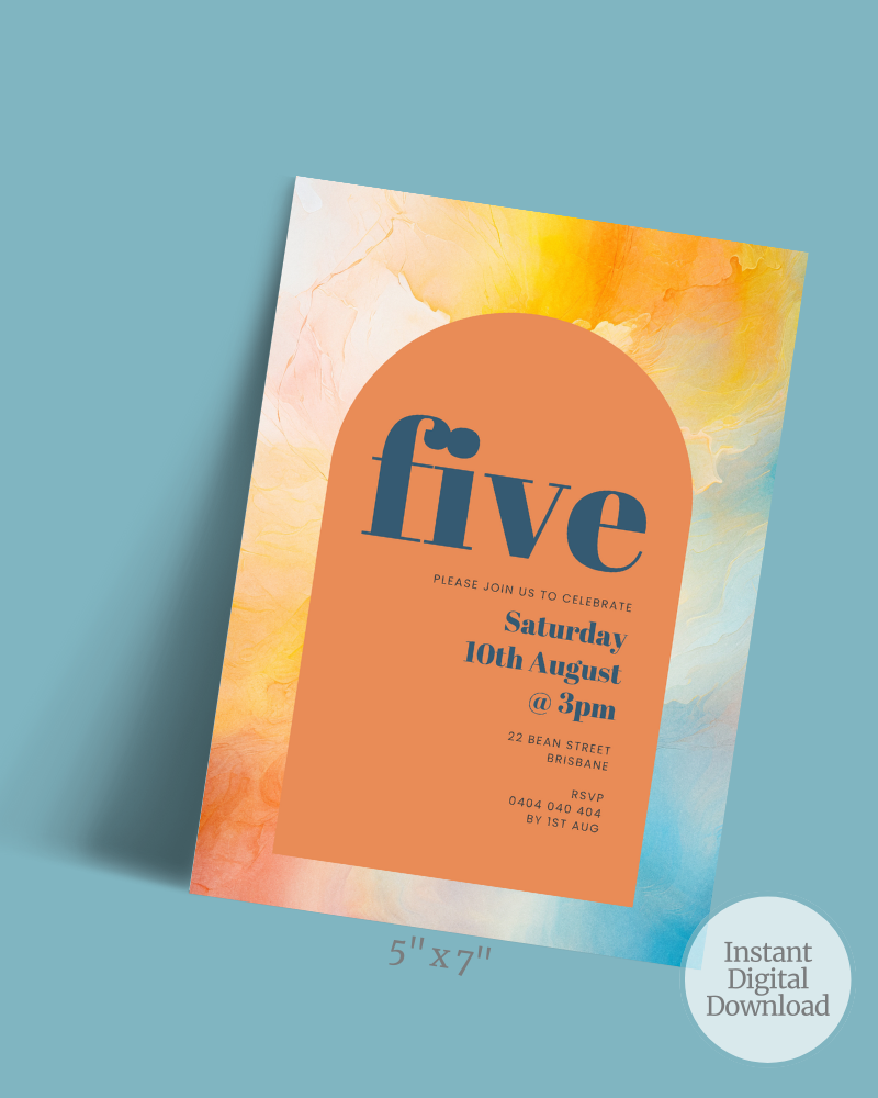 Colorful invitation featuring bold text with a warm gradient background, detailing a celebration on August 10th.