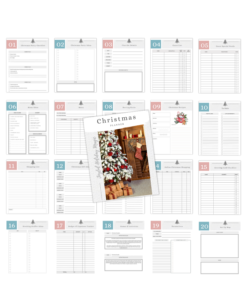 A collection of holiday planning sheets with festive decorations and a cozy winter scene featuring gifts and stockings.