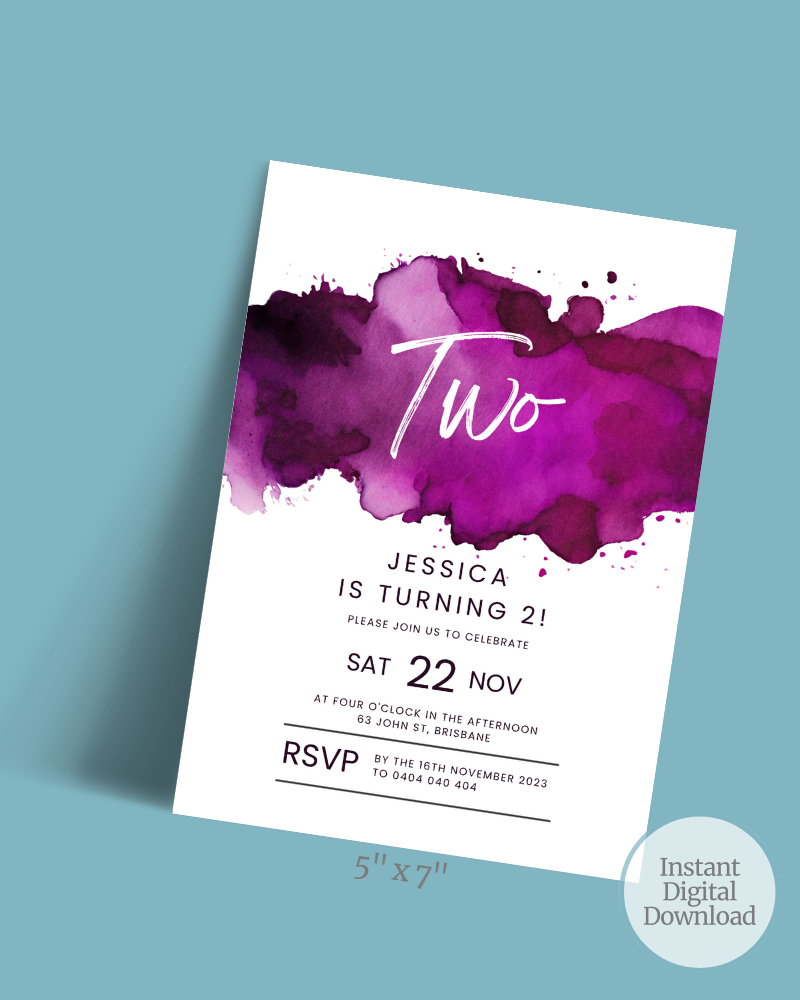 Colorful watercolor splash in purple tones with celebratory text for a birthday party invitation.
