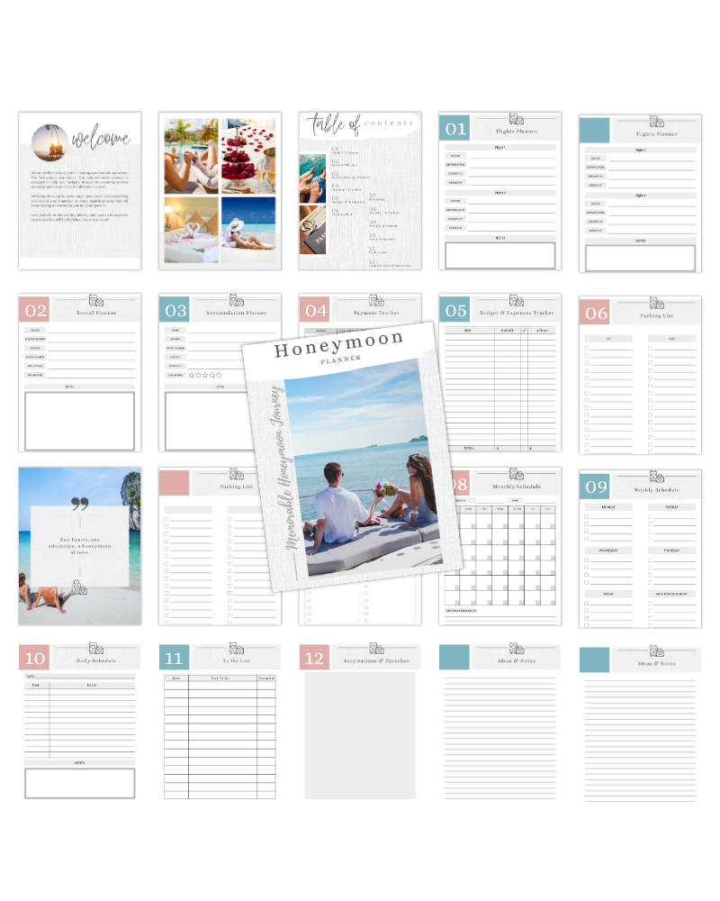 A collection of planner pages featuring a beach photo, lists, and sections for organizing honeymoon details.
