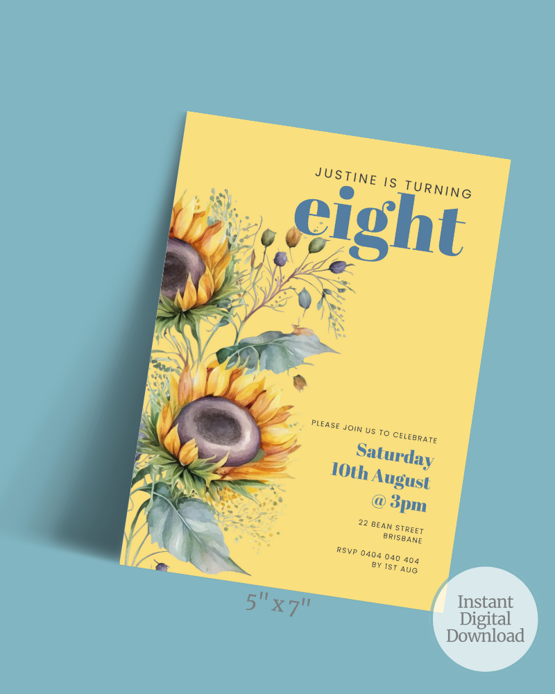Birthday invitation featuring sunflowers and colorful text on a yellow background. Celebrating Justine's eighth birthday.