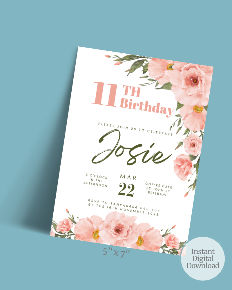 A floral birthday invitation for Josie's 11th birthday on March 22, featuring soft pink flowers and elegant typography.