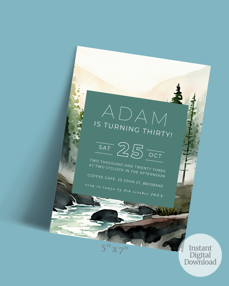 A birthday invitation featuring serene watercolor mountains and a flowing river, with elegant typography and details.