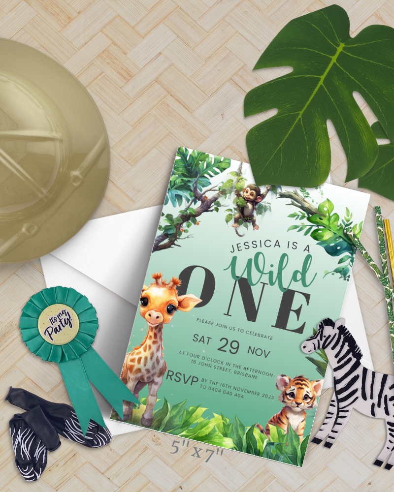 Colorful birthday invitation featuring a giraffe, monkey, and zebra among tropical leaves, with RSVP details included.