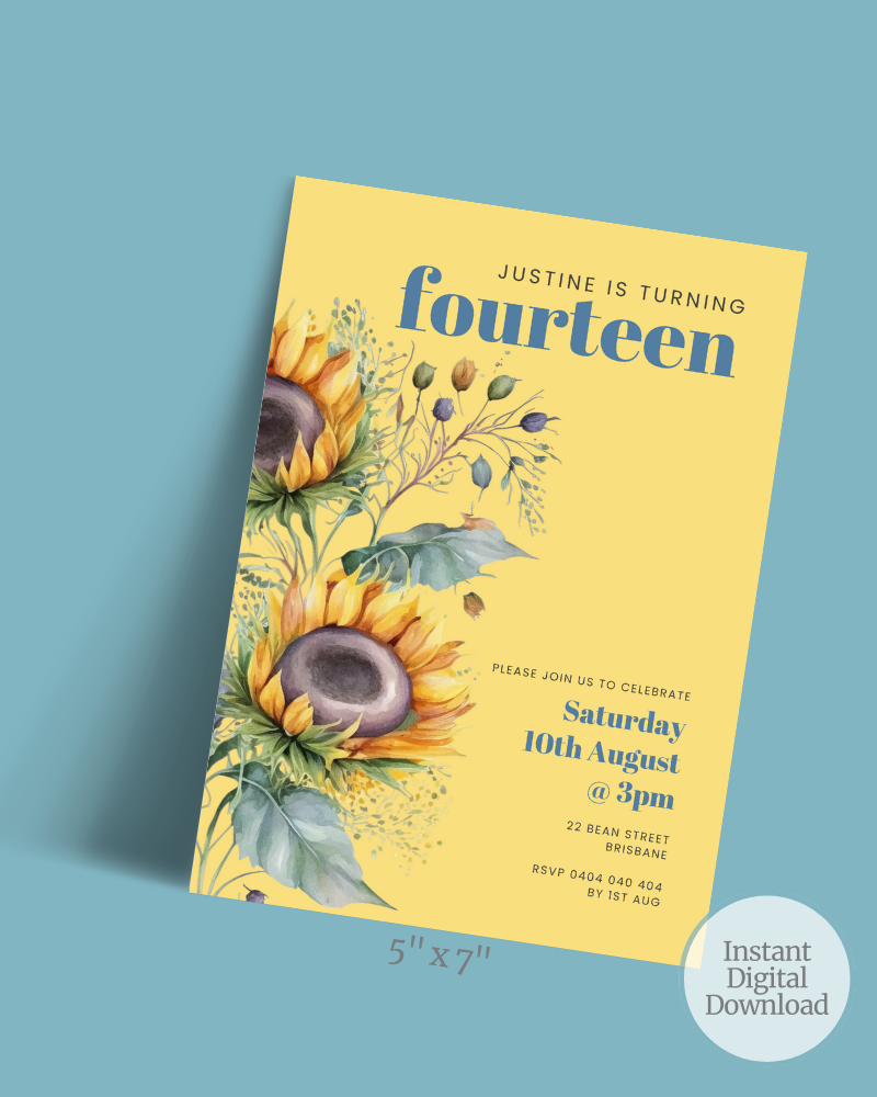 A vibrant birthday invitation with sunflowers and cheerful colors, celebrating Justine's 14th birthday on August 10th.