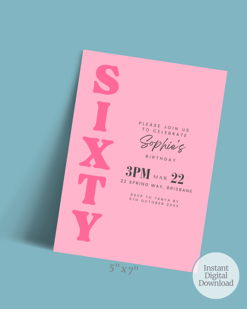 Invitation for Sophie’s birthday, featuring bold pink text on a pastel blue background with event details.