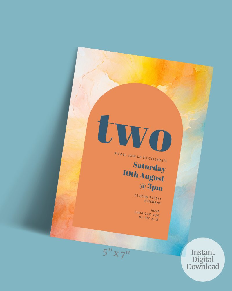 Colorful invitation featuring an orange arch, elegant text, and a soft watercolor background in pastel hues.