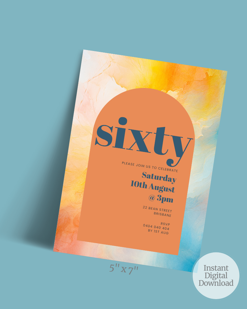 Colorful invitation featuring bold text and a soft, abstract background with warm hues of orange and yellow.