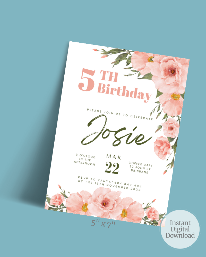 A birthday invitation featuring pink blooms, elegant typography, and details for a celebration on March 22.