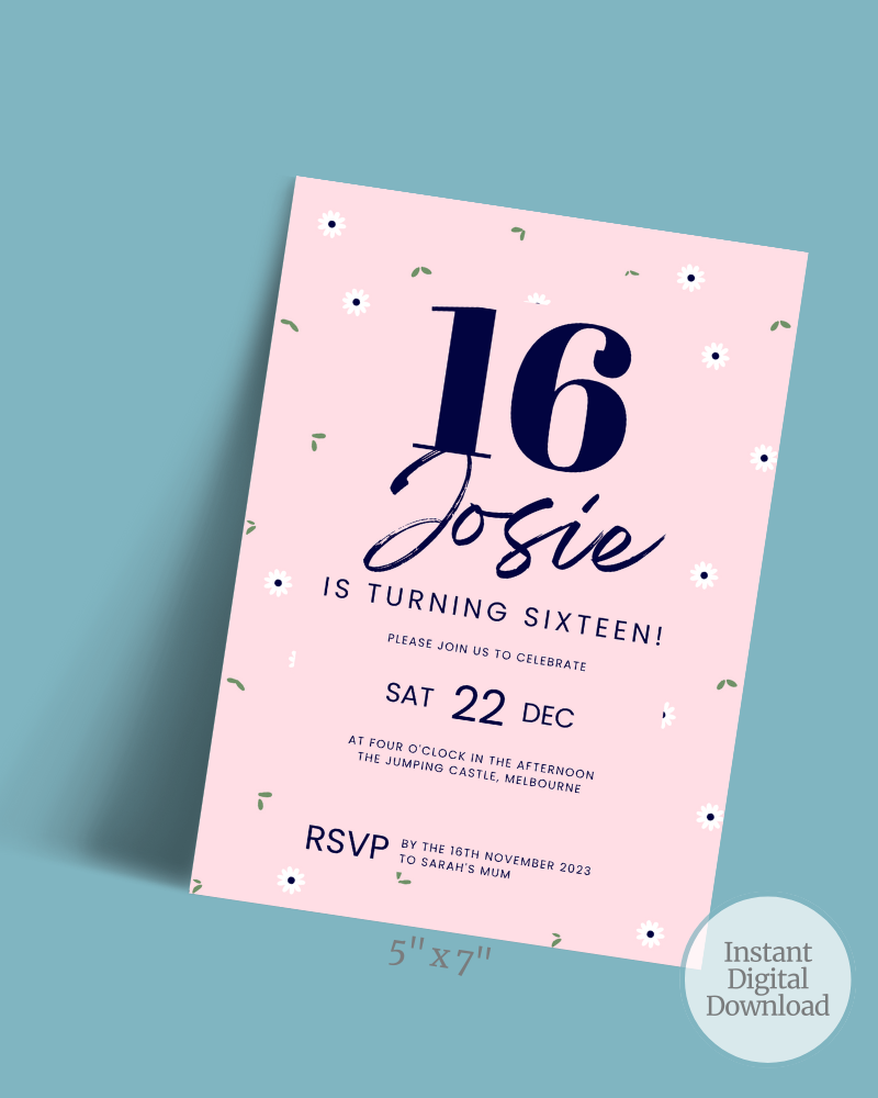 A pink invitation card featuring floral accents, celebrating Josie's 16th birthday with event details and RSVP information.