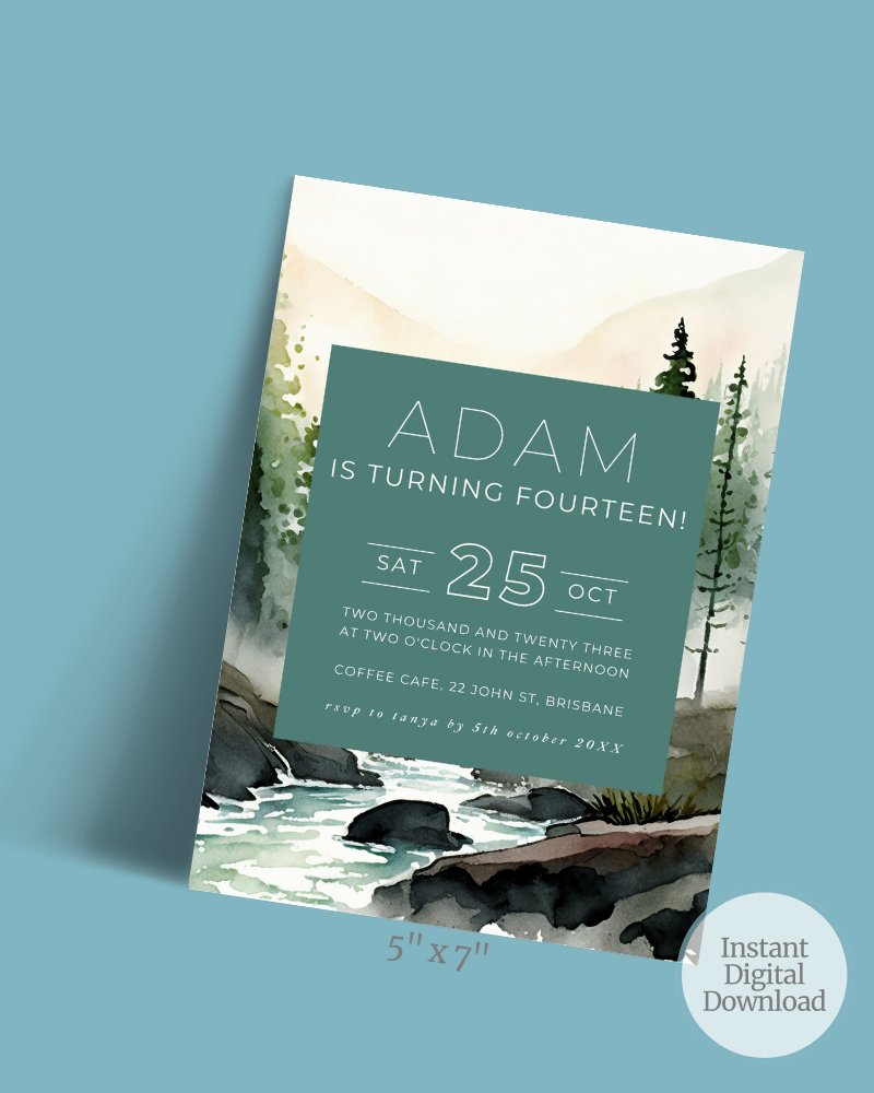 Invitation featuring serene watercolor mountains and a river, announcing Adam's 14th birthday celebration details.