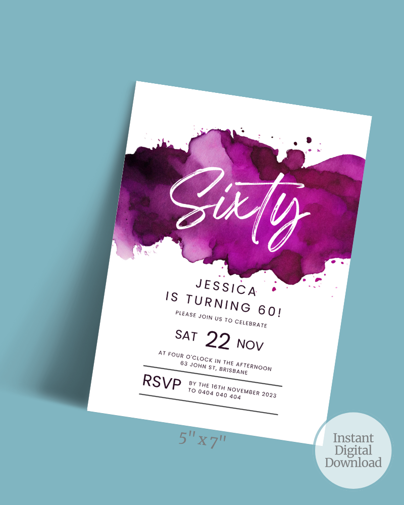 Invitation featuring vibrant purple watercolor splashes with elegant white text for a 60th birthday celebration.