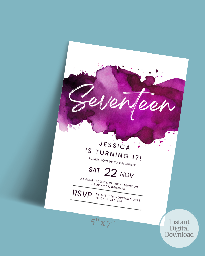 Colorful watercolor splash with bold text announcing a 17th birthday celebration for Jessica on November 22.