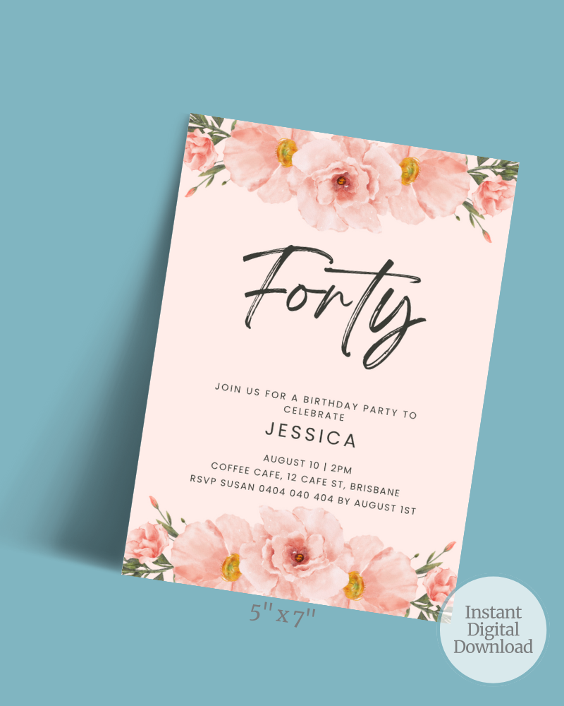Birthday invitation featuring soft pink flowers and elegant typography on a pastel background.