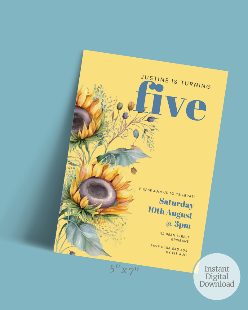 Bright yellow card featuring sunflowers and text announcing a birthday celebration for Justine turning five.