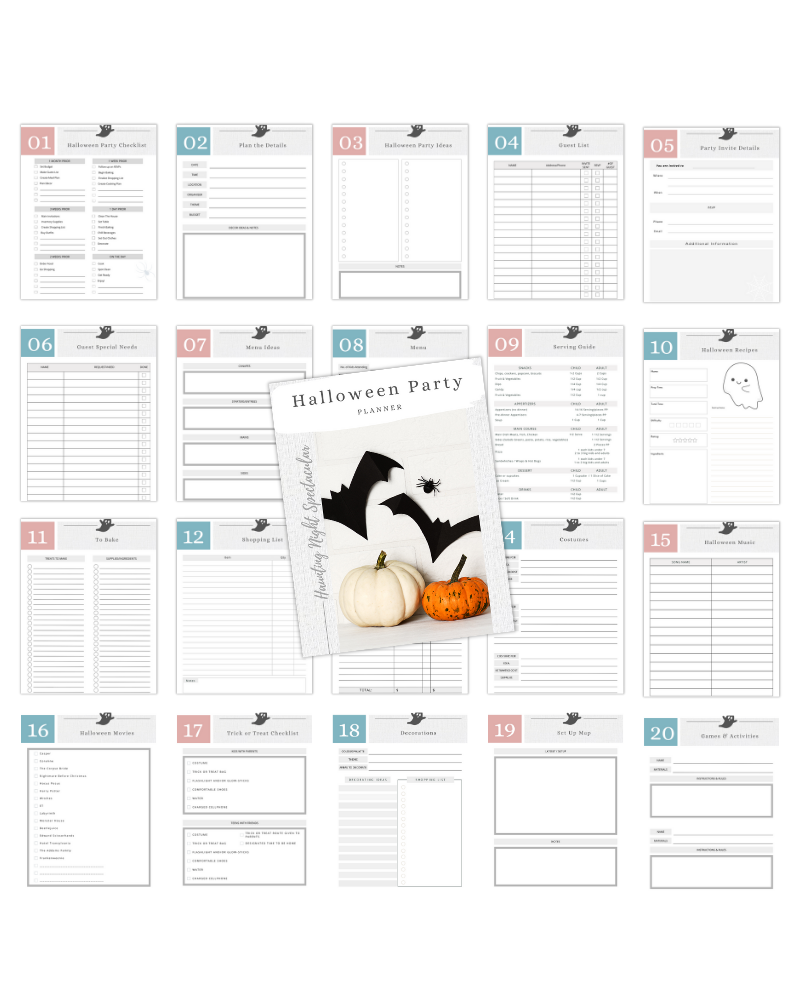 A collection of planner pages for organizing a Halloween party, featuring a white pumpkin and orange pumpkin.
