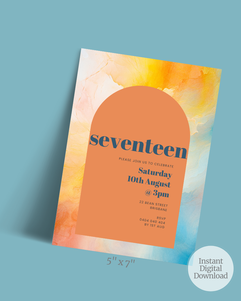 Colorful invitation featuring bold text, abstract watercolor background, and details for a birthday celebration.
