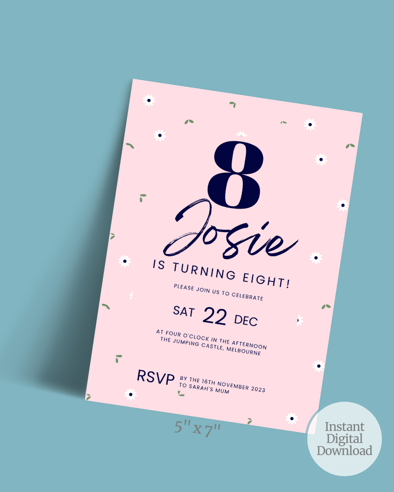 Birthday invitation featuring a pink background, floral accents, and playful typography announcing Josie's 8th birthday celeb