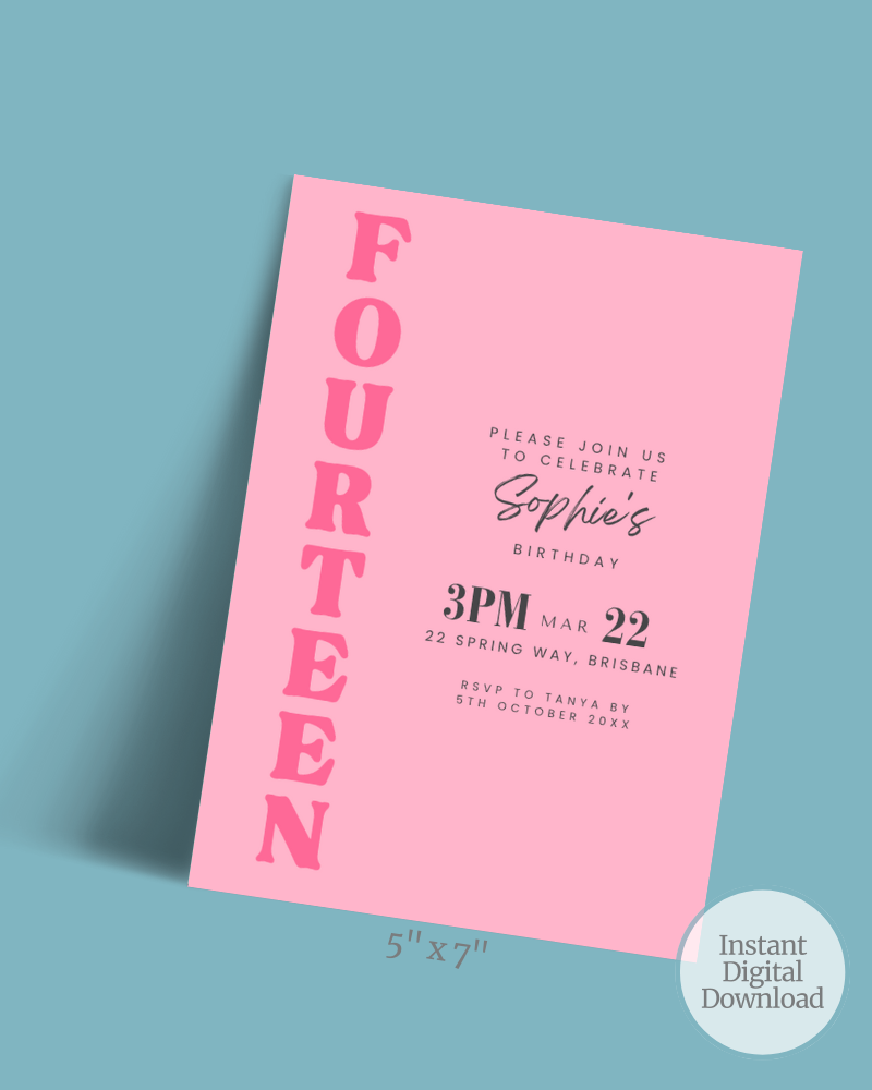 Bright pink invitation featuring bold text for a birthday celebration, with RSVP details and a playful design.