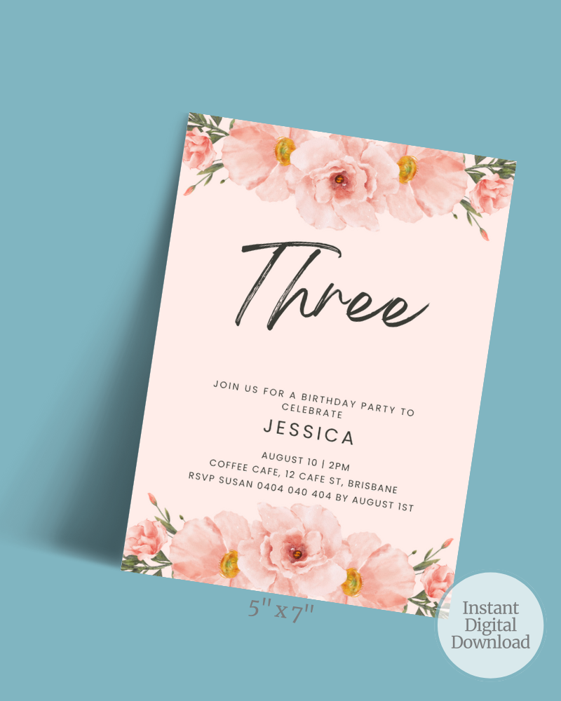 Birthday invitation featuring pink floral arrangements and elegant typography on a soft pink background.