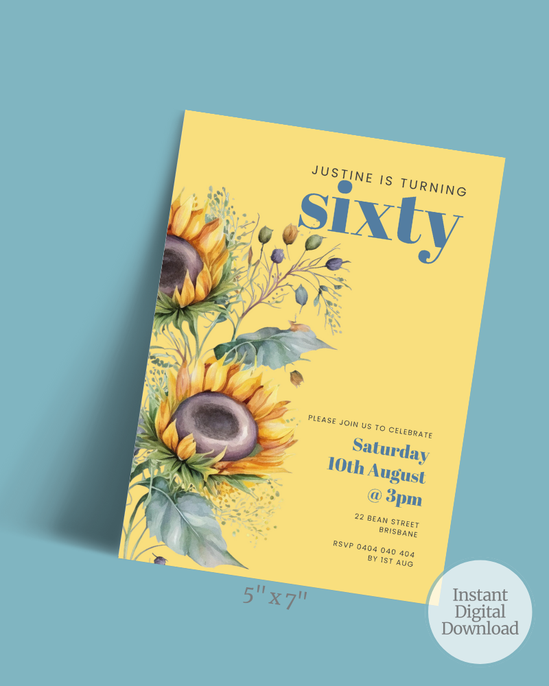 Bright yellow invitation featuring sunflowers, announcing a 60th birthday celebration with RSVP details.