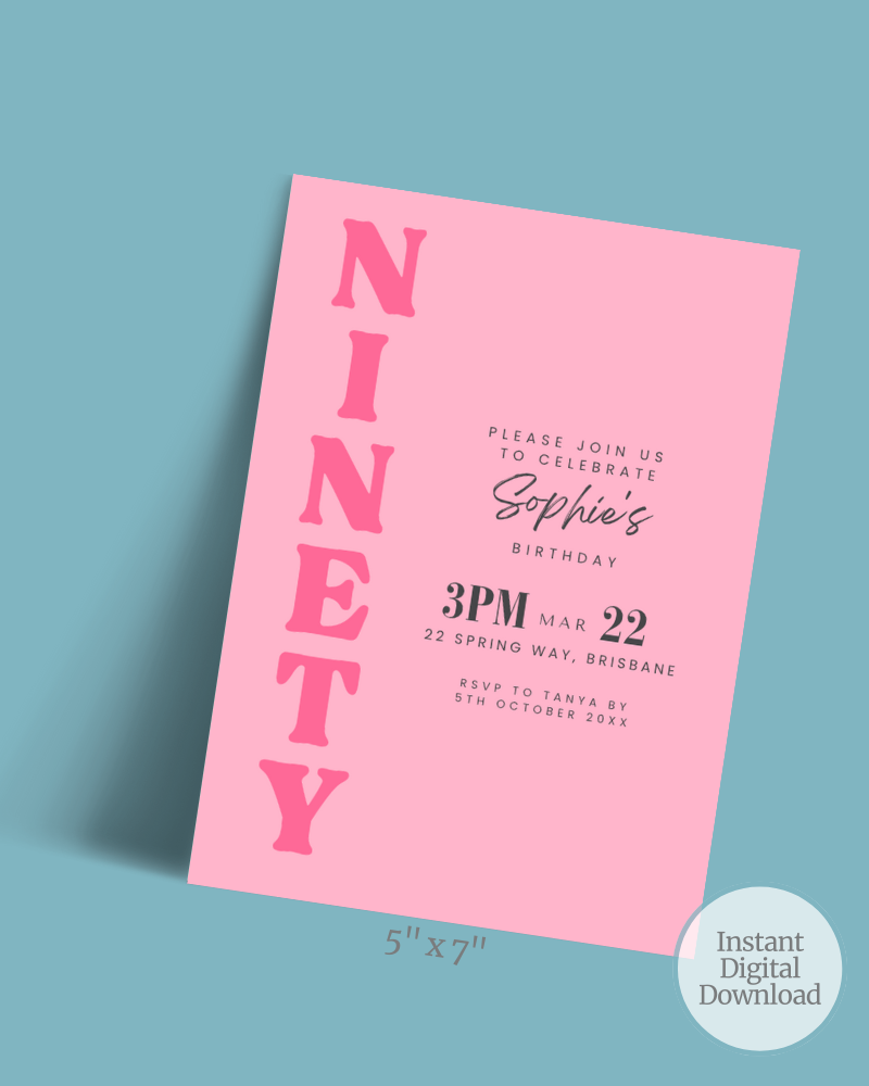 A pink birthday invitation featuring bold text and event details, set against a light blue background.