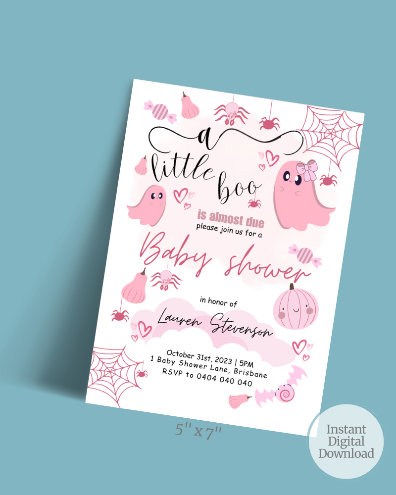 A whimsical pink invitation featuring ghosts, pumpkins, and spiders for a baby shower celebration.