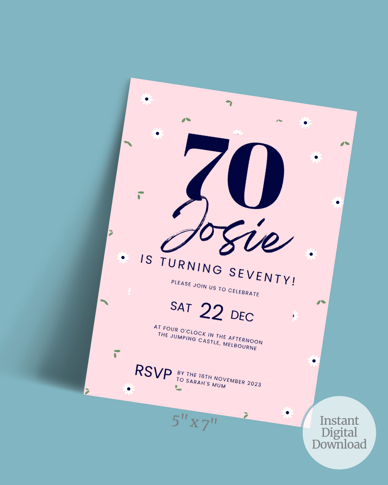 Celebratory invitation featuring "70 Josie" on a pink background with floral accents and event details.
