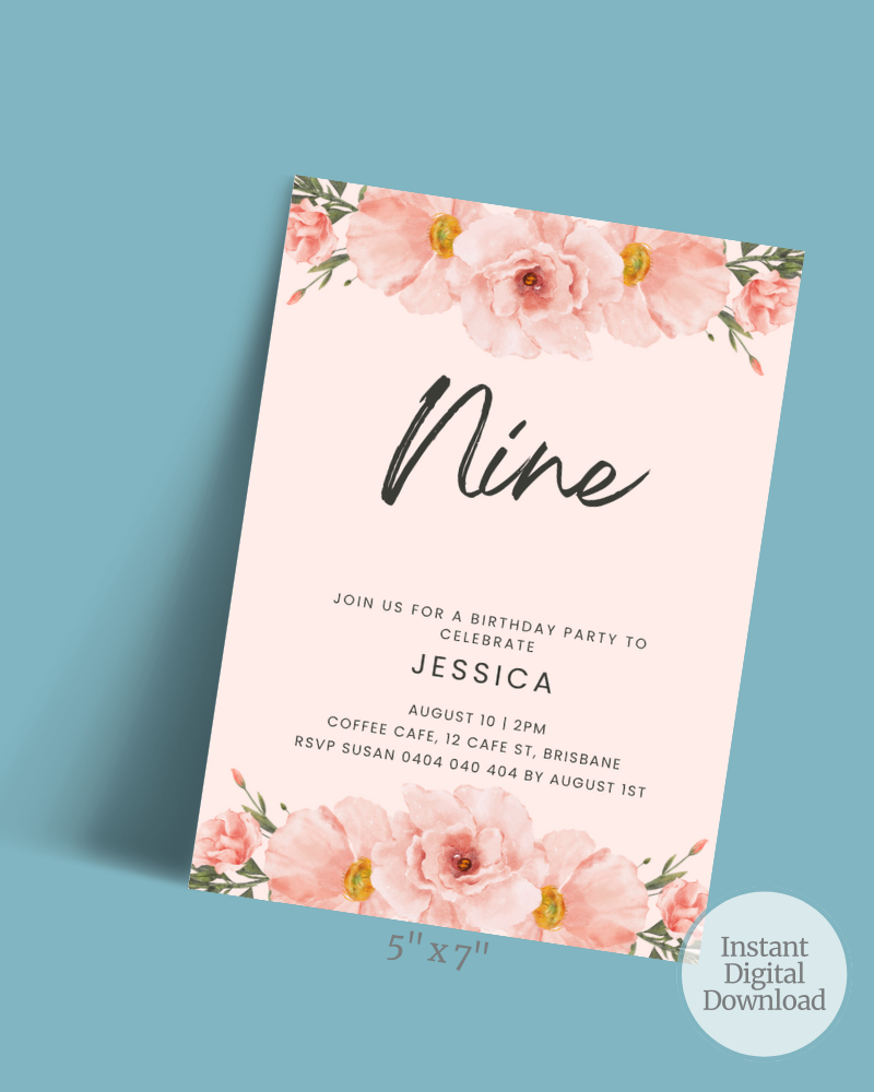 Birthday invitation featuring soft pink flowers, elegant script, and event details on a pastel background.