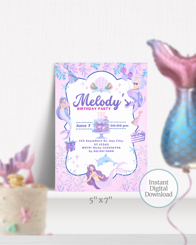 Colorful birthday invitation featuring mermaids, seashells, and a cake, set against a pastel background.