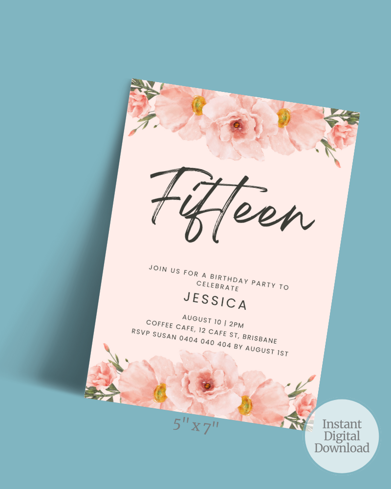 Birthday invitation featuring soft pink flowers and elegant typography, celebrating Jessica's fifteenth birthday.