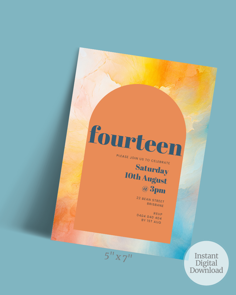Colorful invitation featuring a large orange arch, text details for a celebration, and a soft blue background.