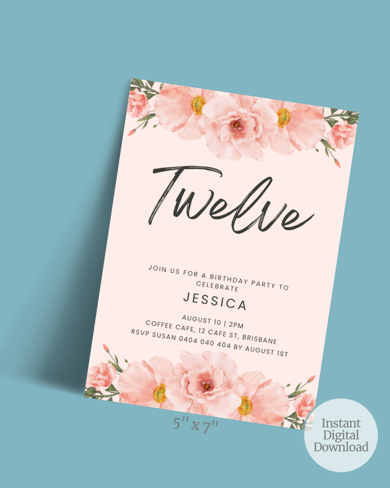 Birthday invitation featuring floral accents, bold text, and details for a celebration on a soft pink background.
