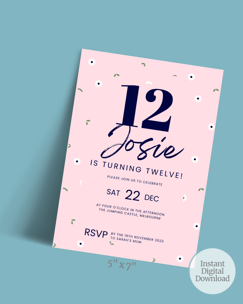 Birthday invitation featuring floral accents, bold text, and event details on a soft pink background.