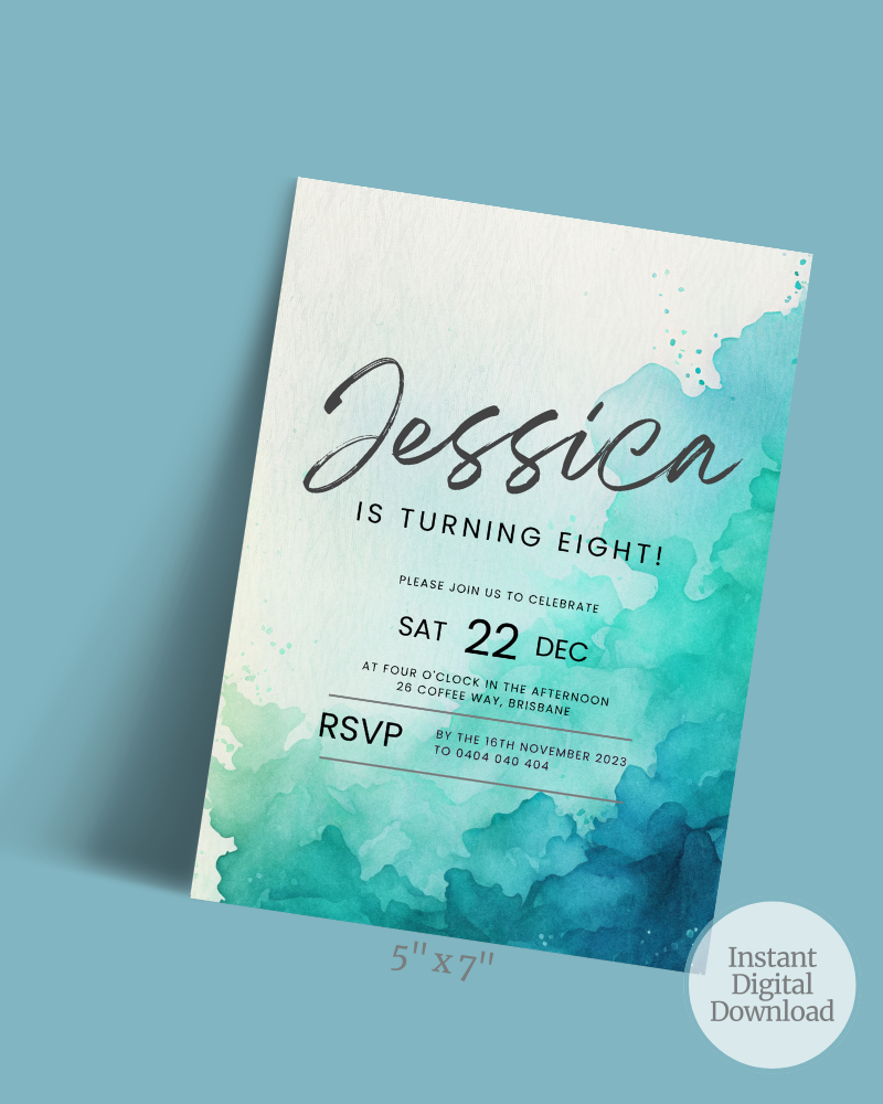 Colorful invitation featuring fluid watercolor patterns with a cheerful birthday message and event details.