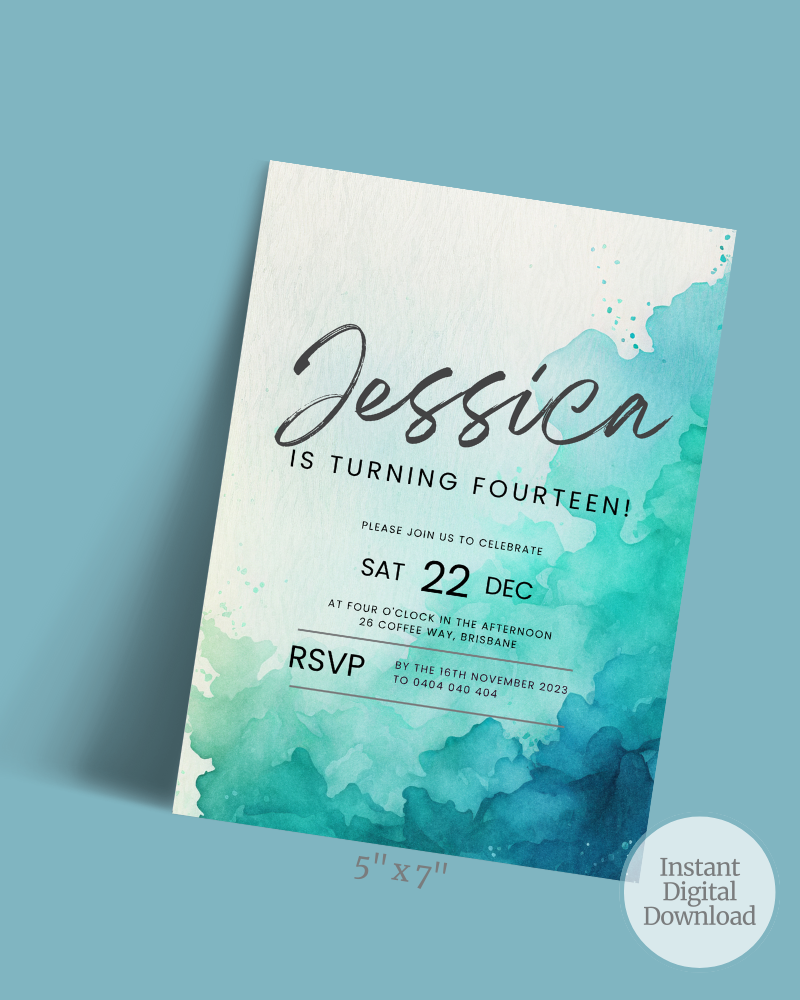 A vibrant card featuring aqua watercolor splashes, announcing a 14th birthday celebration with RSVP details.