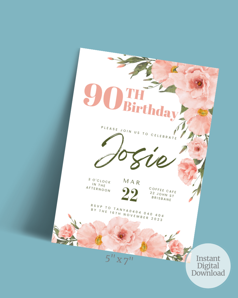 A floral invitation for a 90th birthday celebration, featuring soft pink flowers and elegant typography.