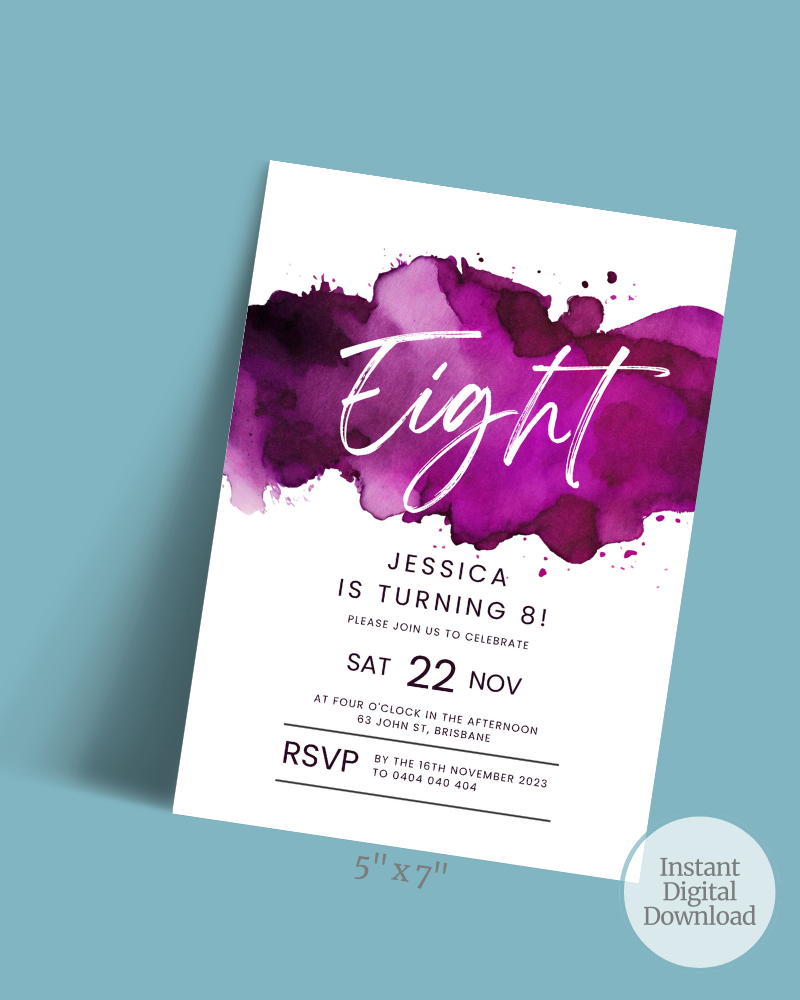 Colorful watercolor background with elegant text announcing a birthday celebration for Jessica turning 8.
