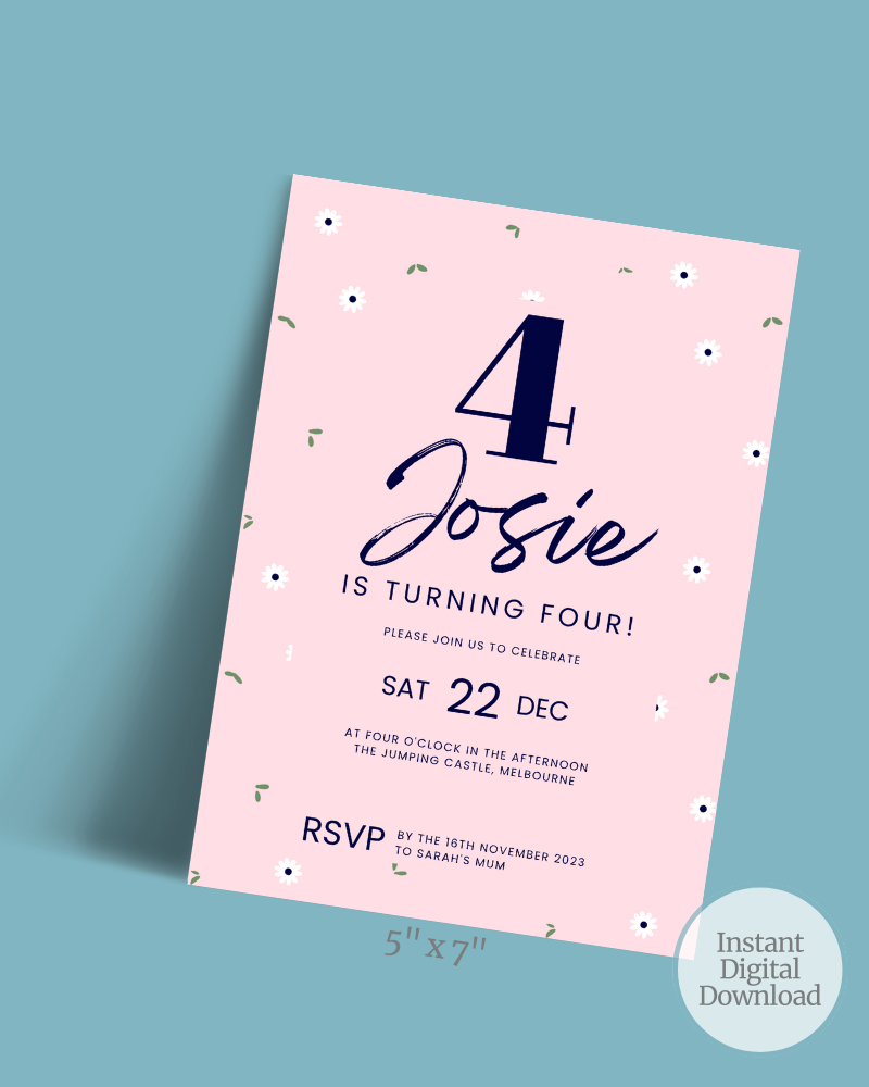 Birthday invitation featuring floral accents, bold text, and details for a celebration on December 22nd.
