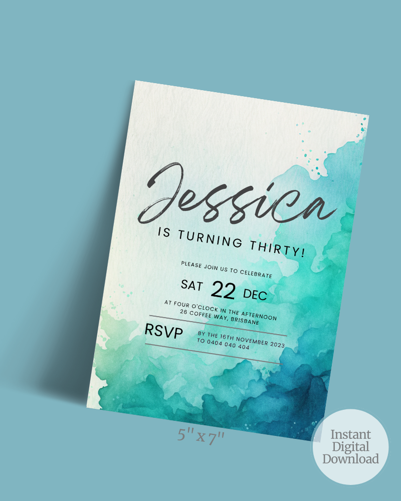 Invitation featuring blue watercolor splashes with elegant text announcing a 30th birthday celebration for Jessica.