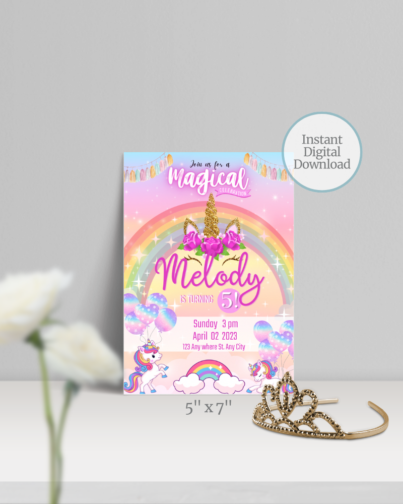 Colorful birthday celebration invitation featuring unicorns, rainbows, and a golden tiara on a light background.