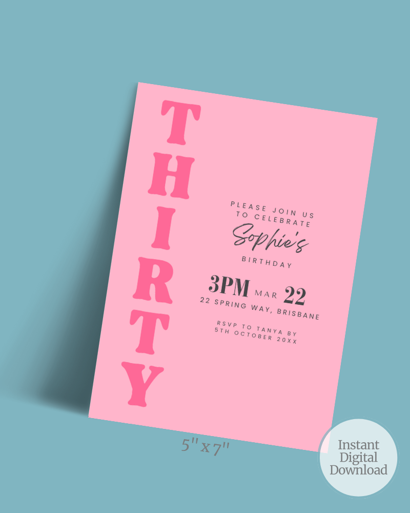 Birthday invitation featuring bold pink typography on a pastel blue background, celebrating Sophie’s 30th birthday.