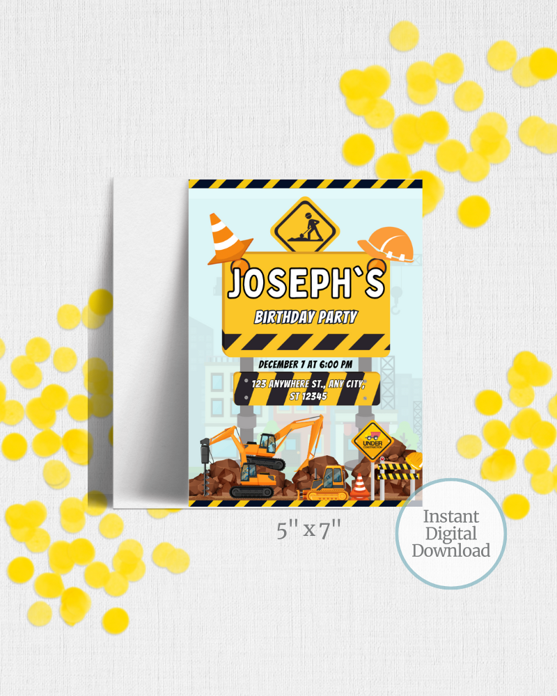 Colorful construction-themed invitation with text details and playful graphics, set against a textured background.