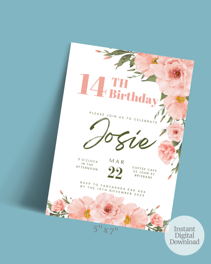 14th birthday invitation featuring soft pink flowers, elegant typography, and event details on a light background.