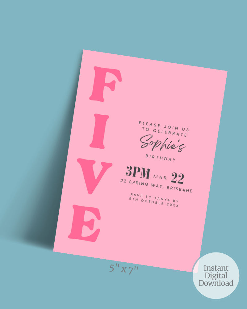 Bright pink birthday invitation featuring bold "FIVE" text and event details on a light blue background.
