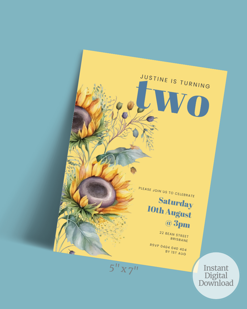 A cheerful invitation featuring sunflowers and vibrant colors, celebrating Justine's second birthday on August 10th.