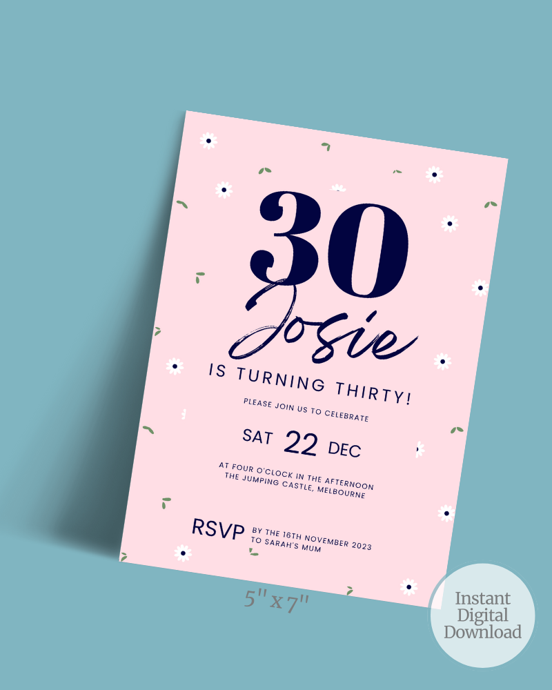 A pink invitation card with floral accents, celebrating Josie's 30th birthday on December 22nd at a Melbourne location.