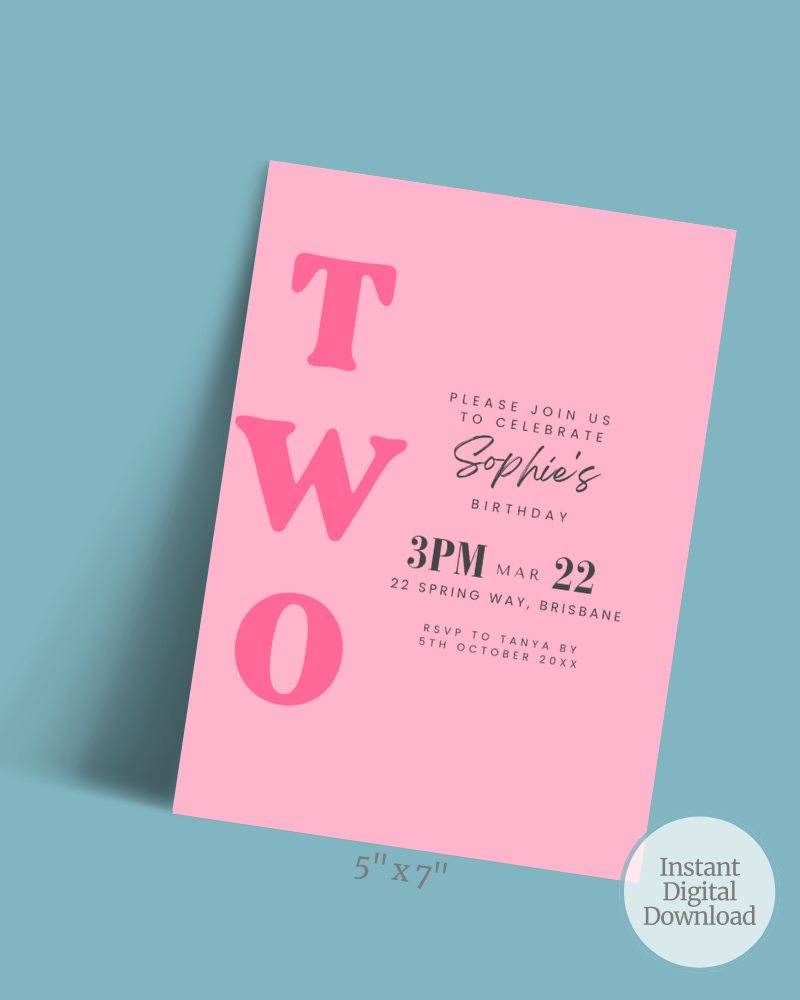 A vibrant pink invitation featuring bold lettering for Sophie’s birthday celebration, with RSVP details included.